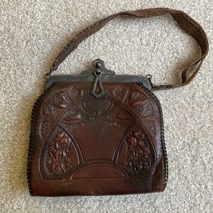 Vintage Hand Tooled Leather Metal Purse Early 1900s Antique